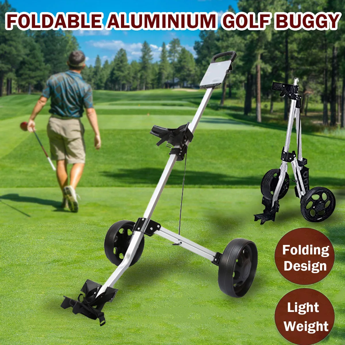 2 Wheels Foldable Aluminum Golf Club Buggy Trolley Cart Push Pull Footbrake Accessories