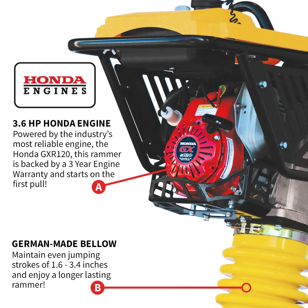 3.6HP Honda Vibratory Rammer Jumping Jack Tamper with Honda GXR120 Engine Impact Force 3,550 lbs/ft