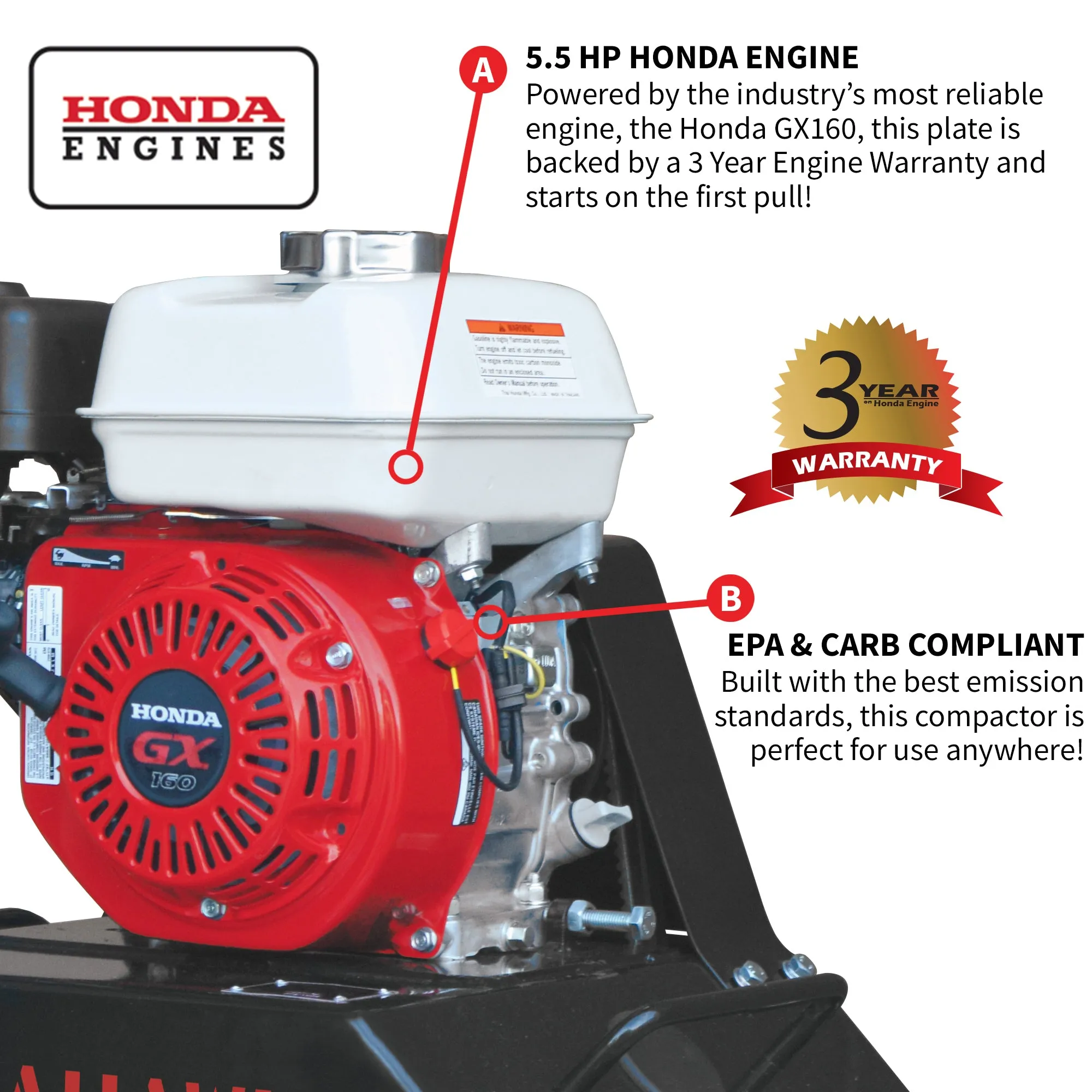 5.5 HP Honda Vibratory Plate Compactor Tamper for Ground, Gravel, Dirt, Asphalt, Compaction