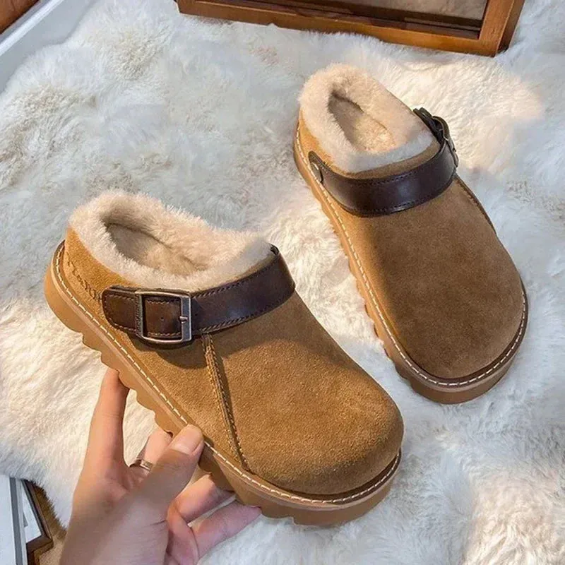 Amozae-Fur Women Flats Slippers Platform Warm Walking Shoes 2024 Trend Winter New Short Plush Cotton Mules Shoes Home Fad Flip Flops