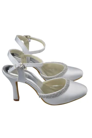 Ankle Strap Beaded High Heel White Comfy Satin Party Shoes S124