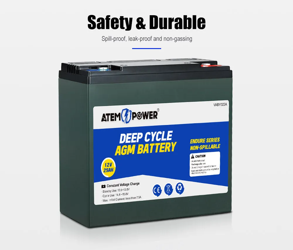 Atem Power 12V 25Ah AGM Battery Deep Cycle Mobility Scooter Golf Cart >20AH 22AH