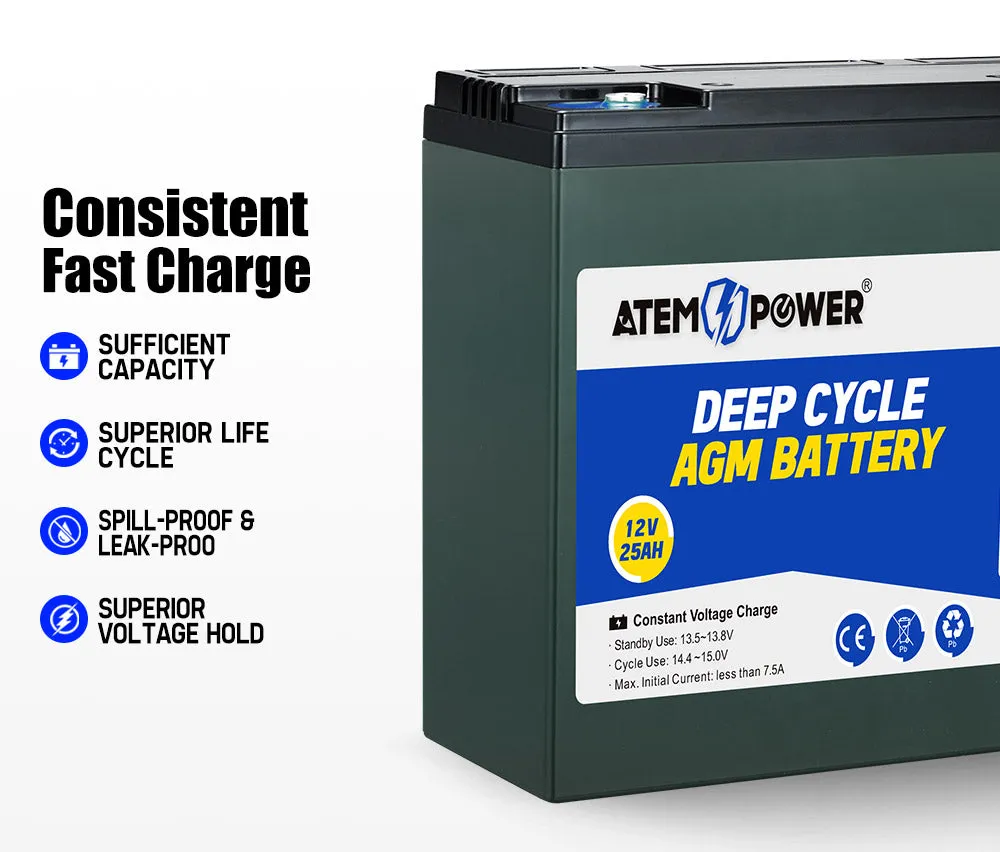 Atem Power 12V 25Ah AGM Battery Deep Cycle Mobility Scooter Golf Cart >20AH 22AH