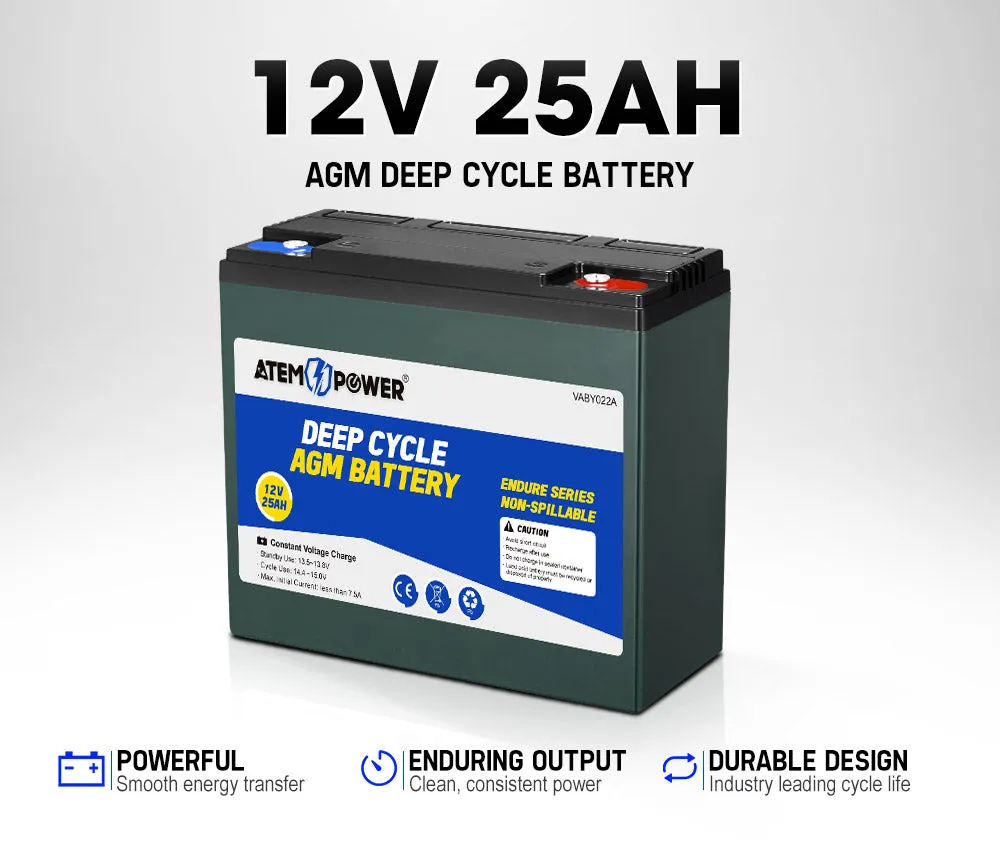 Atem Power 12V 25Ah AGM Battery Deep Cycle Mobility Scooter Golf Cart >20AH 22AH