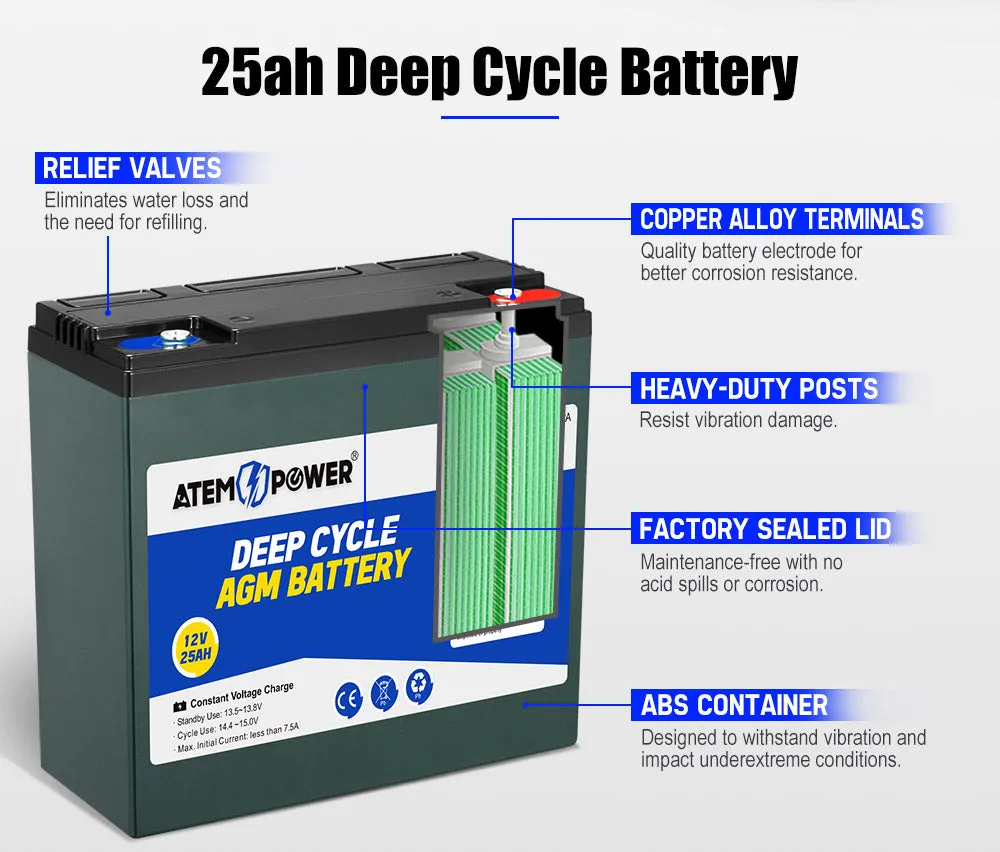 Atem Power 12V 25Ah AGM Battery Deep Cycle Mobility Scooter Golf Cart >20AH 22AH