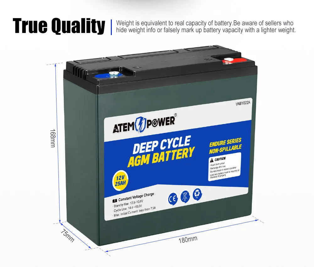 Atem Power 12V 25Ah AGM Battery Deep Cycle Mobility Scooter Golf Cart >20AH 22AH