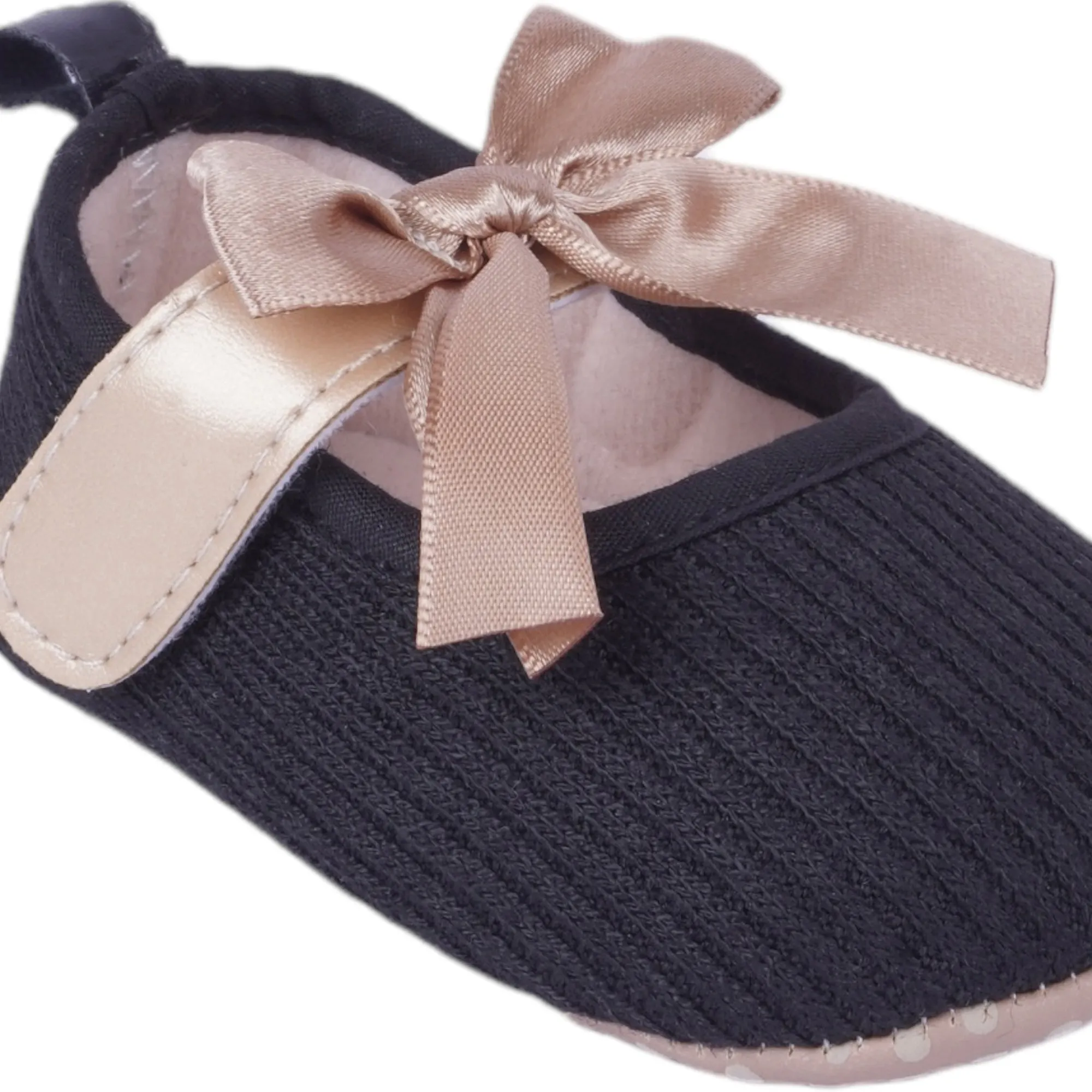 Baby Moo Bow Knot Velcro Strap Ribbed Anti-Skid Ballerina Booties - Black