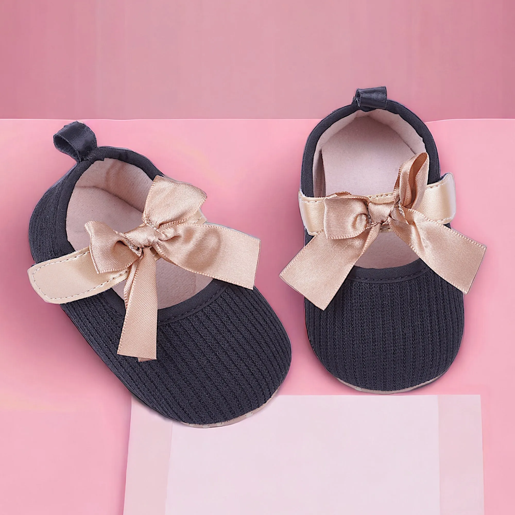 Baby Moo Bow Knot Velcro Strap Ribbed Anti-Skid Ballerina Booties - Black