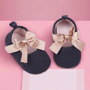 Baby Moo Bow Knot Velcro Strap Ribbed Anti-Skid Ballerina Booties - Black