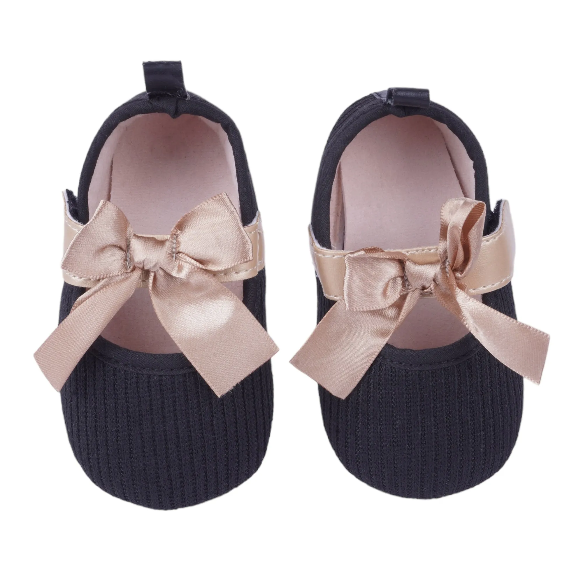 Baby Moo Bow Knot Velcro Strap Ribbed Anti-Skid Ballerina Booties - Black