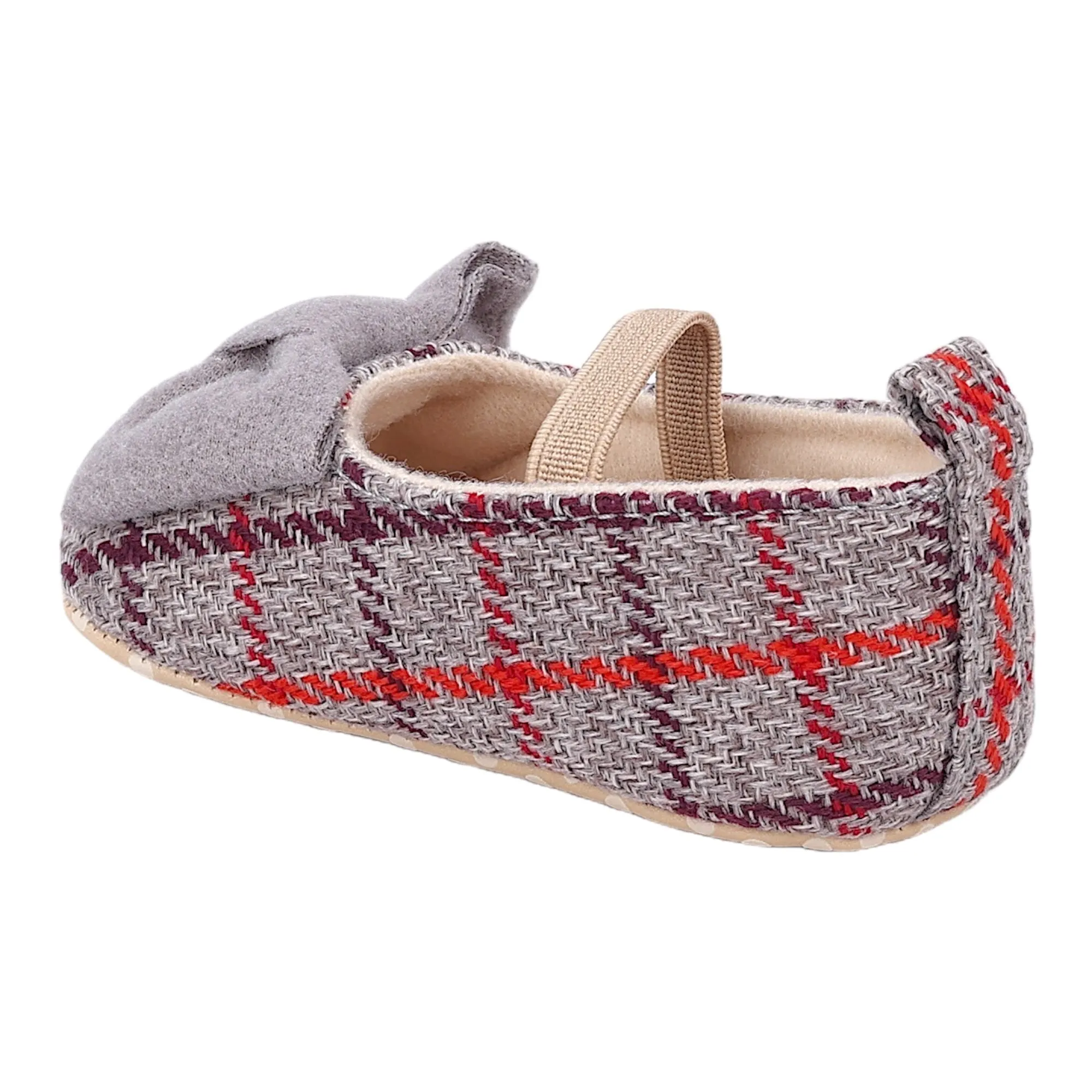 Baby Moo Bow With Elastic Strap Plaid Ballerina Booties - Grey