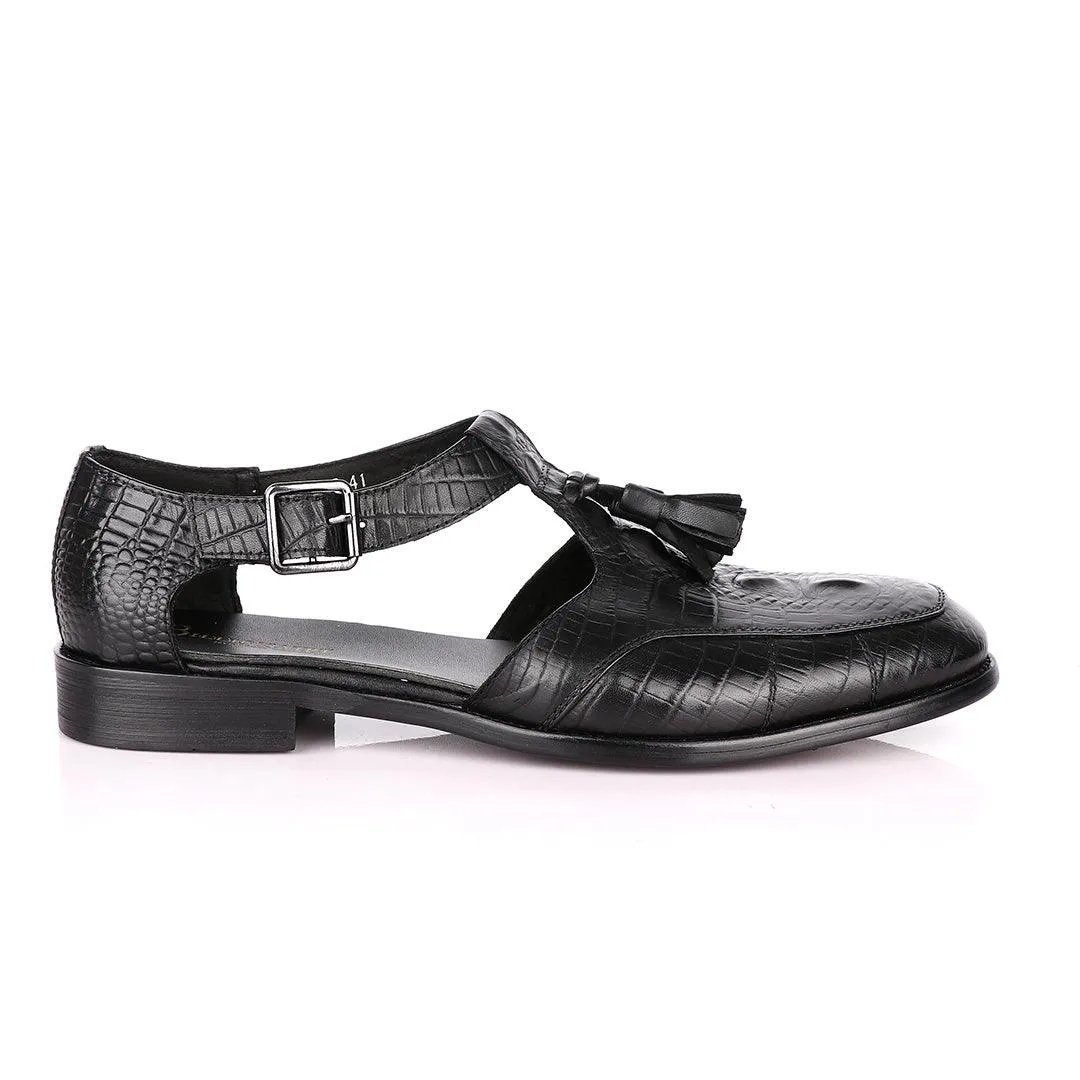 Billionaire Exotic Black Croc with Tassel Cover Leather Sandal