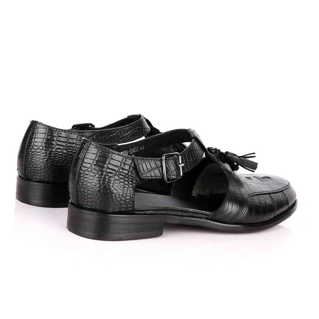 Billionaire Exotic Black Croc with Tassel Cover Leather Sandal