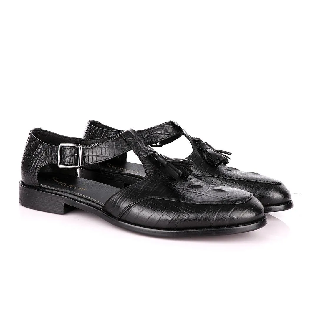 Billionaire Exotic Black Croc with Tassel Cover Leather Sandal