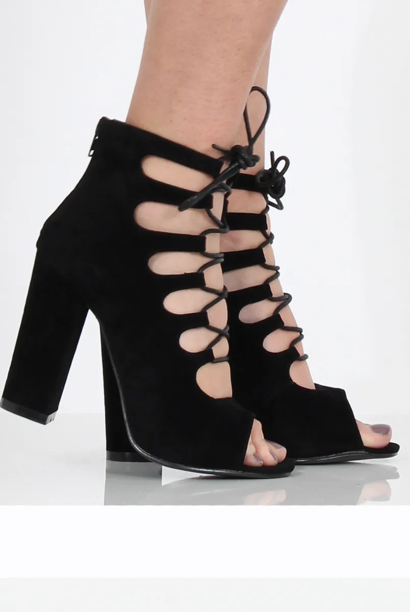 Black Suede Lace Up Block Heel - Jenine