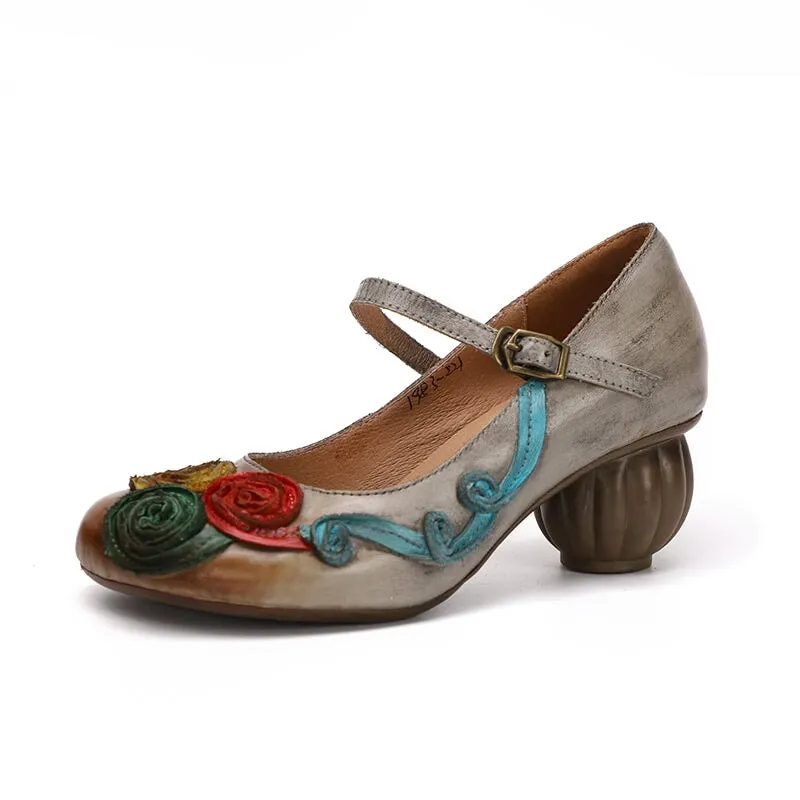 Block Heel Mary Jane Shoes with Rose in Coffee/ Grey