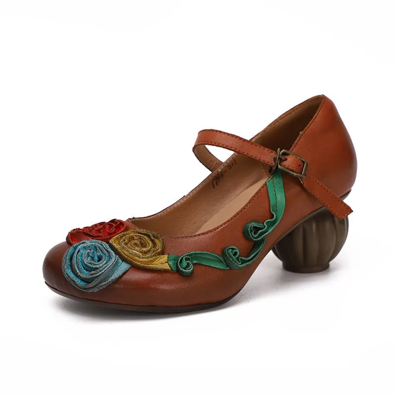 Block Heel Mary Jane Shoes with Rose in Coffee/ Grey