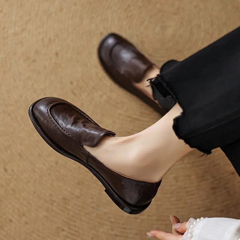 British Style Women Flats Slip On Leather Loafers in Brown/Coffee/Black