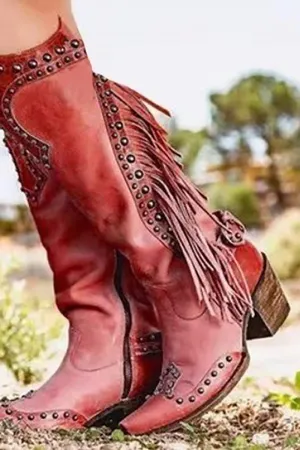 Dark Red Fringed Mid-Calf Boots