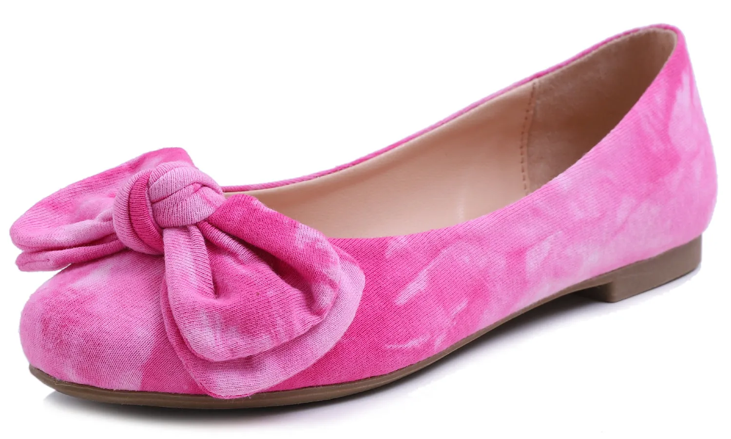 Feversole Women's Round Toe Cute Bow Trim Ballet Flats Tie Dye Fuchsia