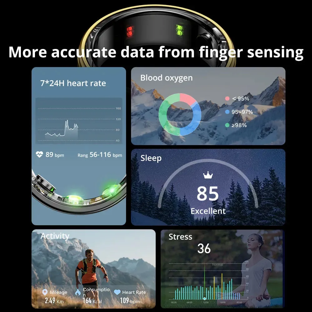 Fitness Smart Ring Men Women, Heart Rate and Blood Oxygen Monitor, IP68 & 5ATM Waterproof, Multi-sport Mode