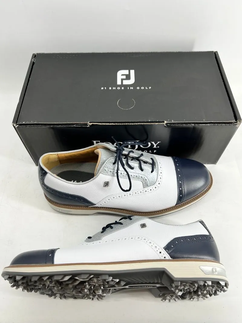 Footjoy Myjoys Premiere Series Packard Golf Shoes White Navy Silver 10.5 M