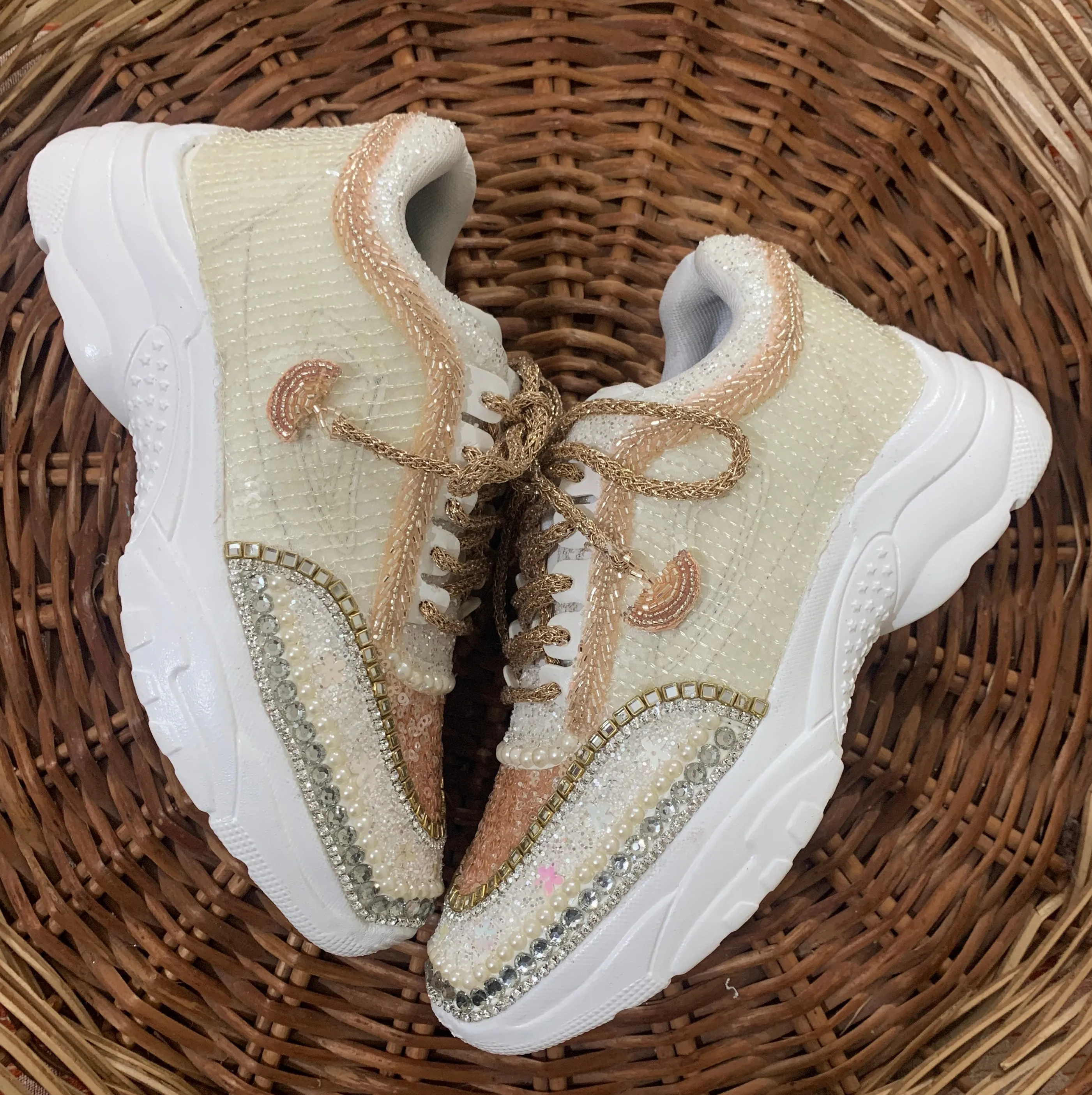 FUNKY N TRENDY tan peach with ivory color hand work sneakers for brides / bridesmaids/ rose gold sneakers / rose gold shoes