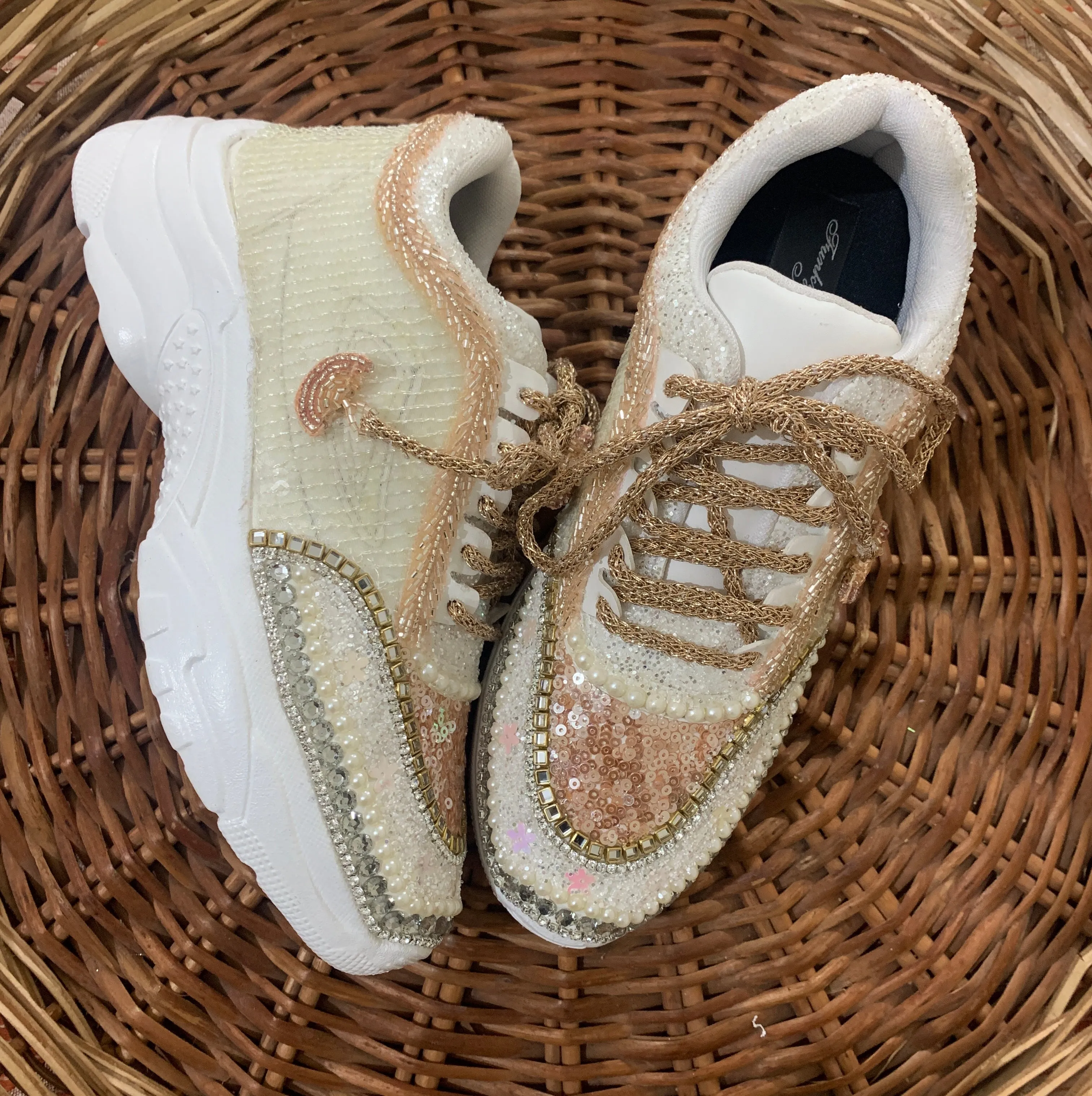 FUNKY N TRENDY tan peach with ivory color hand work sneakers for brides / bridesmaids/ rose gold sneakers / rose gold shoes