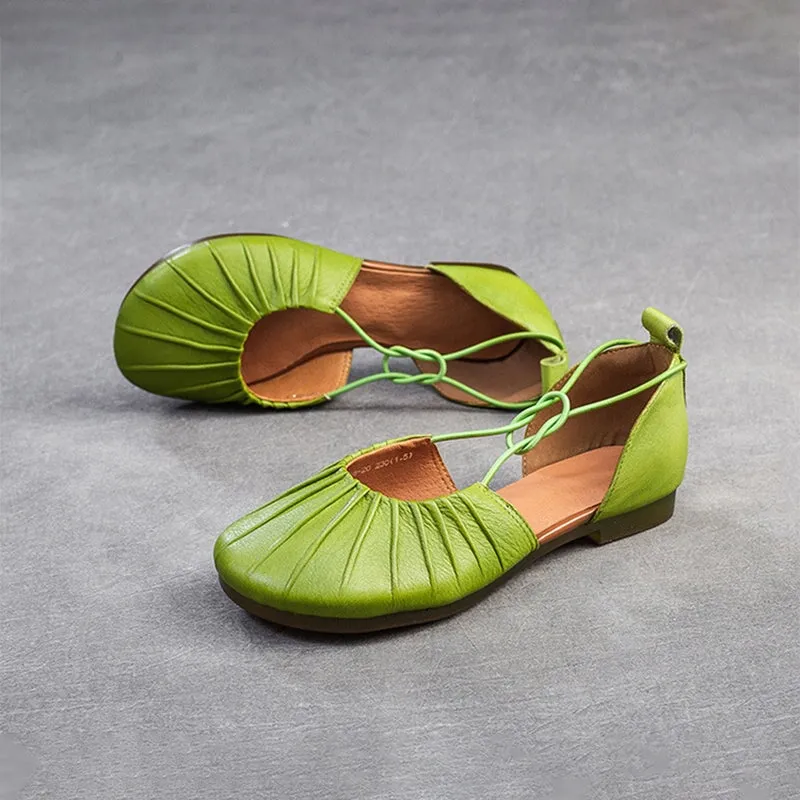 Genuine Leather Flats For Women Folded Round Toe Cut Out in Green/Coffee