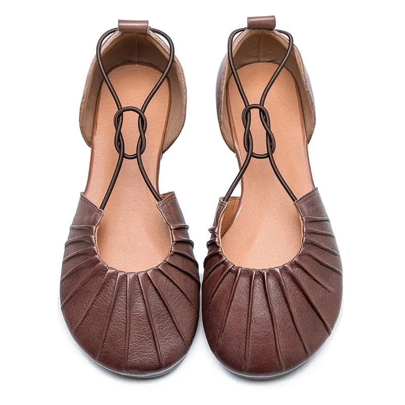 Genuine Leather Flats For Women Folded Round Toe Cut Out in Green/Coffee