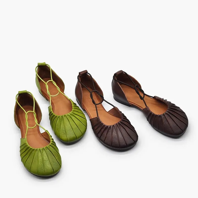 Genuine Leather Flats For Women Folded Round Toe Cut Out in Green/Coffee