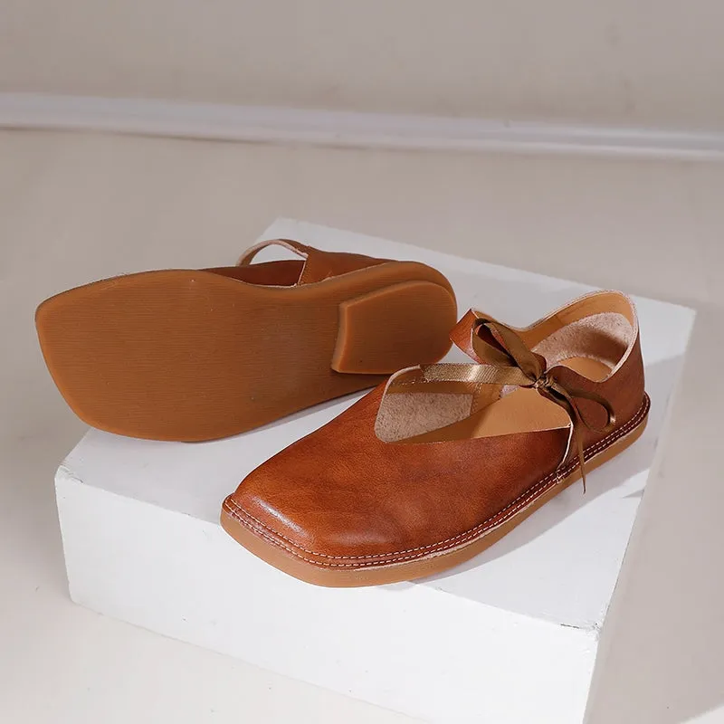 Handmade Leather Flat Mary Jane Shoes For Women in Beige/Brown