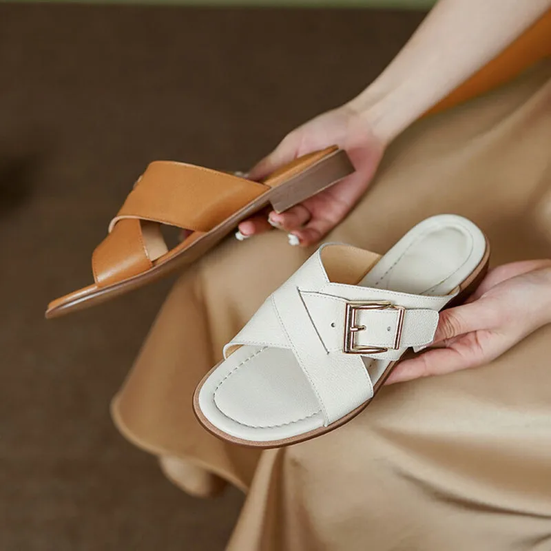 Handmade Leather Summer Slippers Apricot Brown/Off white