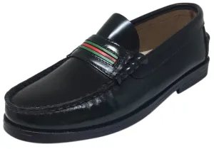 Hoo Shoes Boy's and Girl's Mark's Dark Green Smooth Leather Red Green Striped Slip On Oxford Loafer Shoe