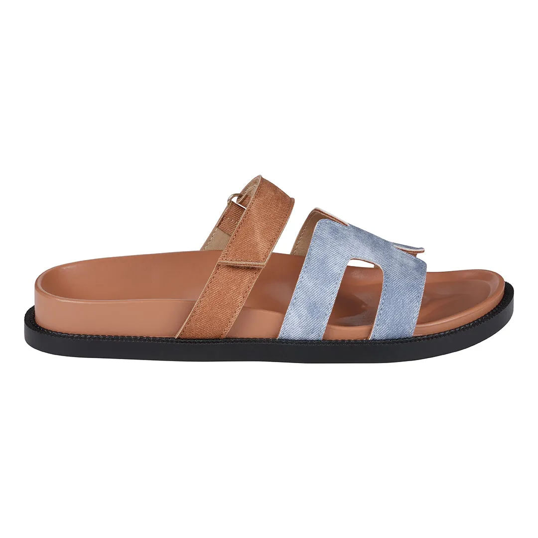 Kelly Denim/Tan Cut-Out Slide Flat Sandals