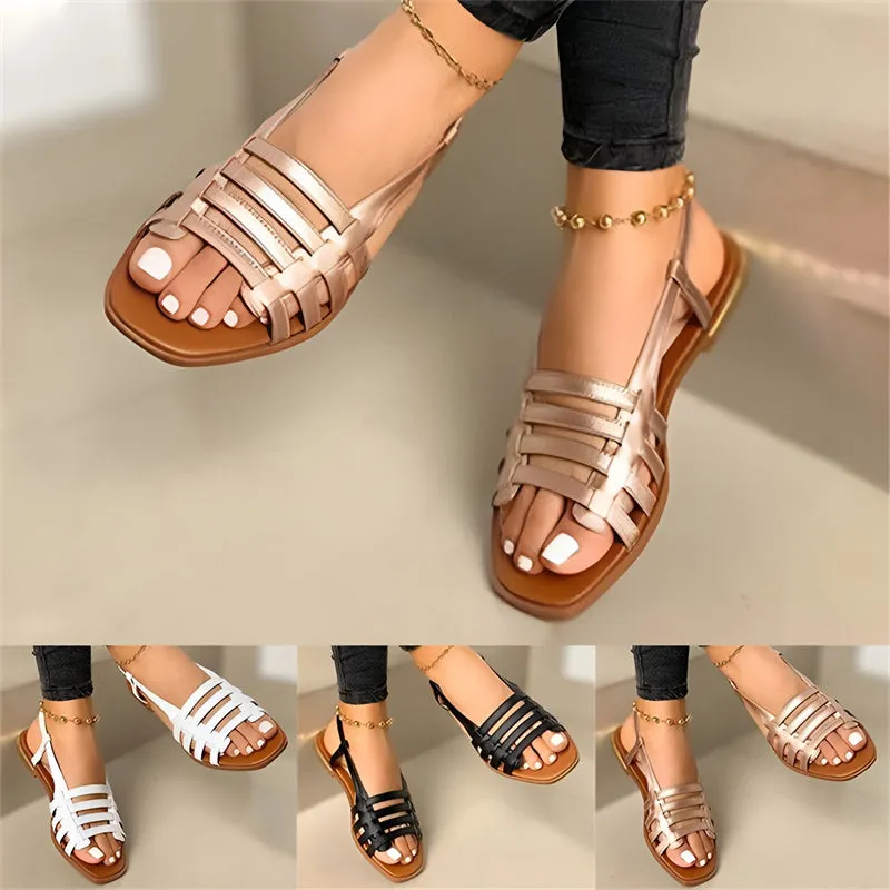 Ladies Summer Leather Flats Round Toe Flat Sandals Women Adjustable Buckle Strap