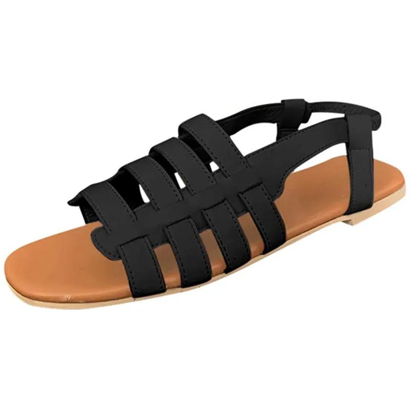 Ladies Summer Leather Flats Round Toe Flat Sandals Women Adjustable Buckle Strap