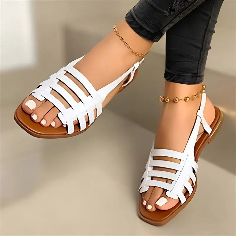 Ladies Summer Leather Flats Round Toe Flat Sandals Women Adjustable Buckle Strap