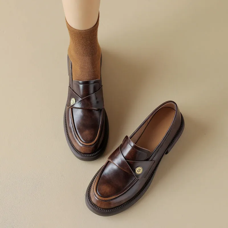 Leather Penny Loafers Handmade Uniform Shoes in Black/Brown