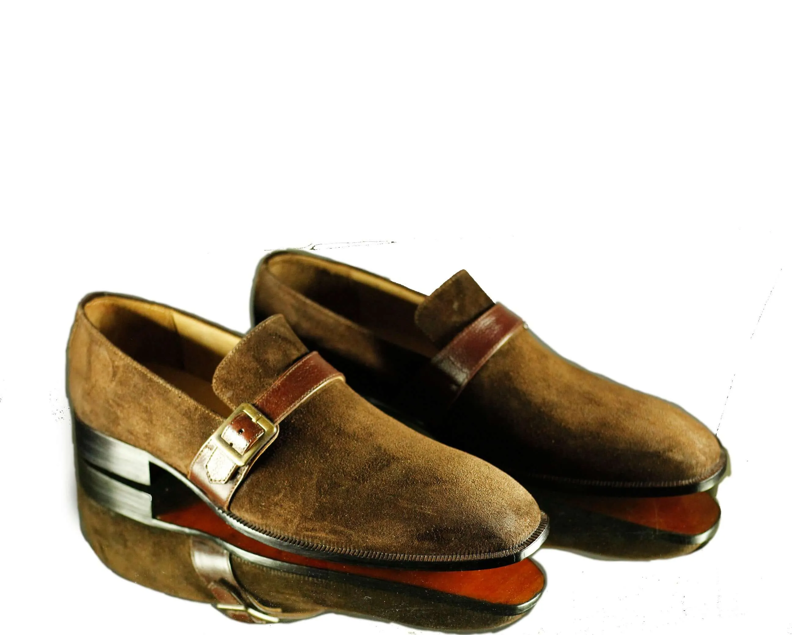 Men's Brown Suede Monk Strap Loafer Shoes,Bespoke Men's Fashion Shoes