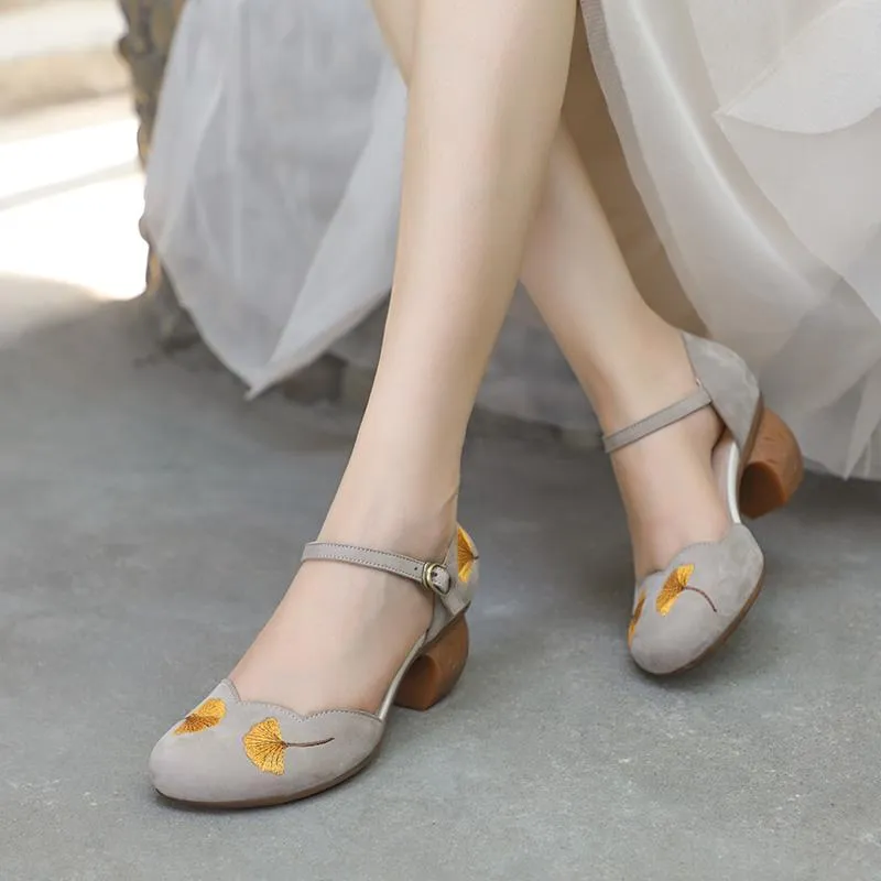 Mid Heel Mary Jane Sandals Womens Round Toe  Retro Buckle Sandals Handmade Matte leather Pumps Grey