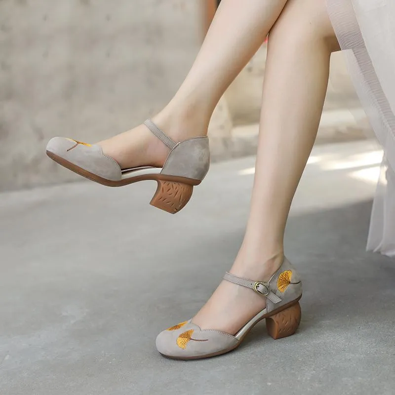 Mid Heel Mary Jane Sandals Womens Round Toe  Retro Buckle Sandals Handmade Matte leather Pumps Grey