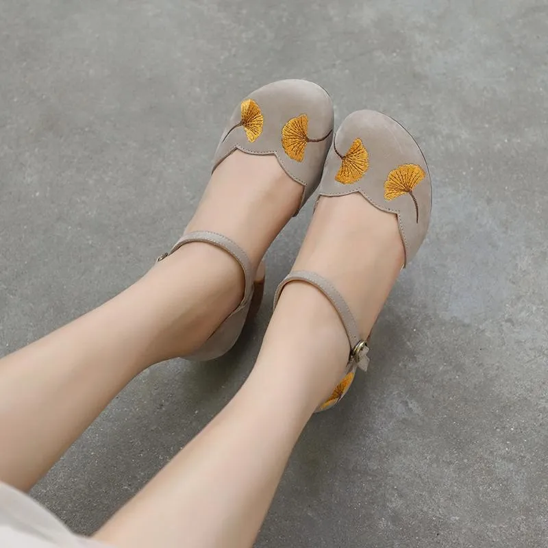 Mid Heel Mary Jane Sandals Womens Round Toe  Retro Buckle Sandals Handmade Matte leather Pumps Grey