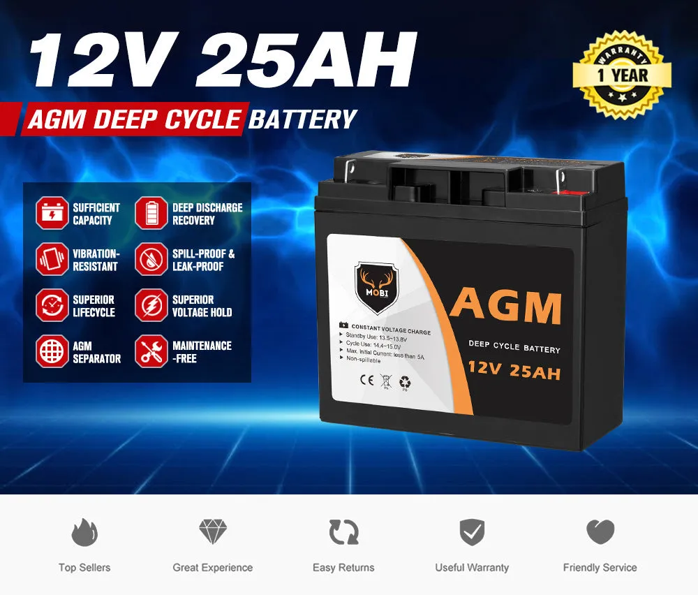 Mobi 12V 25AH AGM Battery Deep Cycle Mobility Scooter Golf Cart Camping 4x4