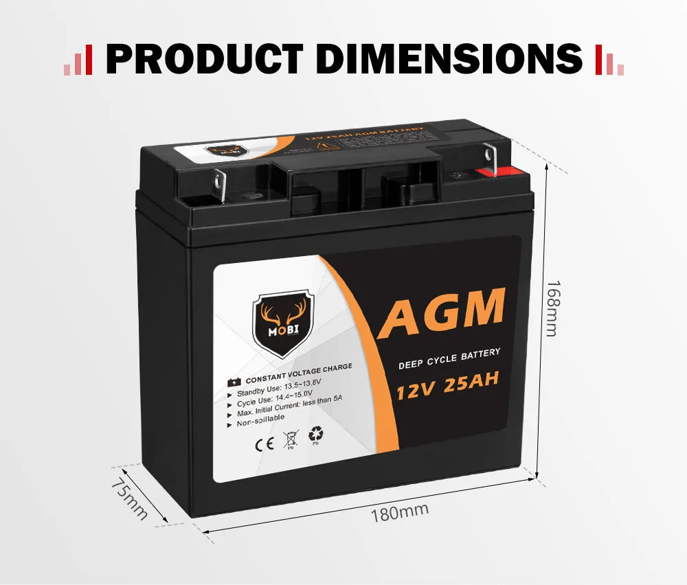 Mobi 12V 25AH AGM Battery Deep Cycle Mobility Scooter Golf Cart Camping 4x4