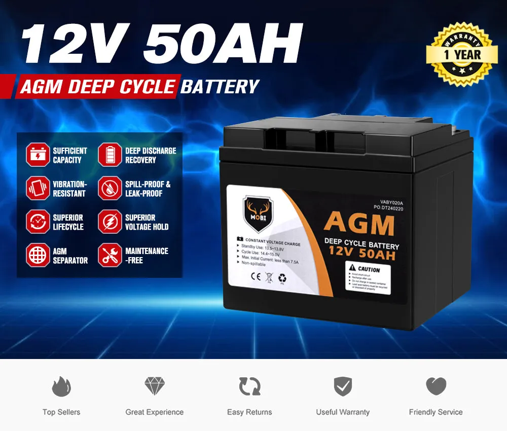 Mobi 12V 50AH AGM Battery Deep Cycle Mobility Scooter Golf Cart Camping