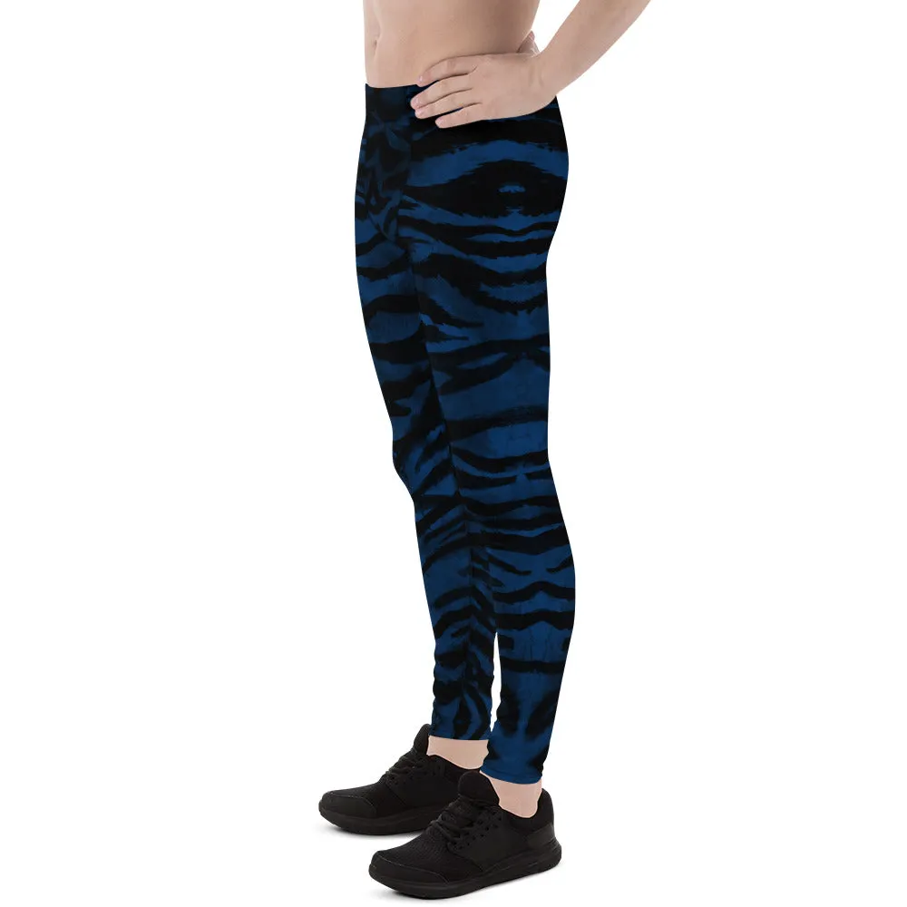 Navy Blue Tiger Men's Leggings, Striped Animal Print Men Gym Run Tights-Made in USA/EU