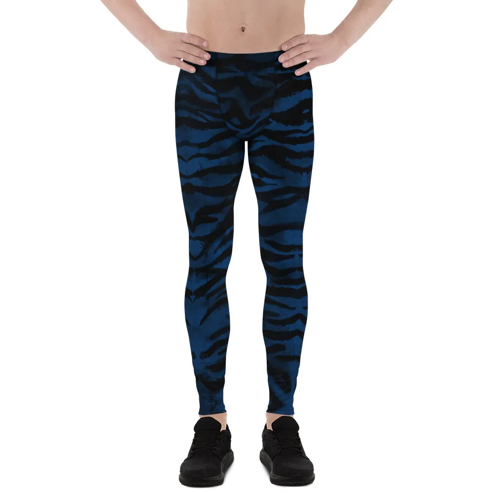 Navy Blue Tiger Men's Leggings, Striped Animal Print Men Gym Run Tights-Made in USA/EU