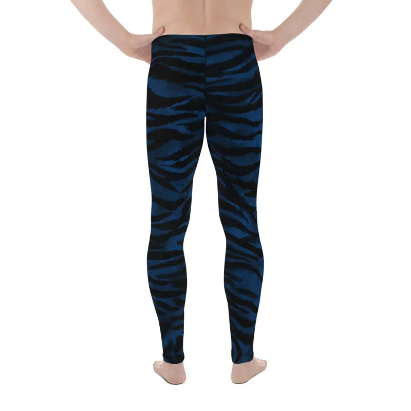 Navy Blue Tiger Men's Leggings, Striped Animal Print Men Gym Run Tights-Made in USA/EU