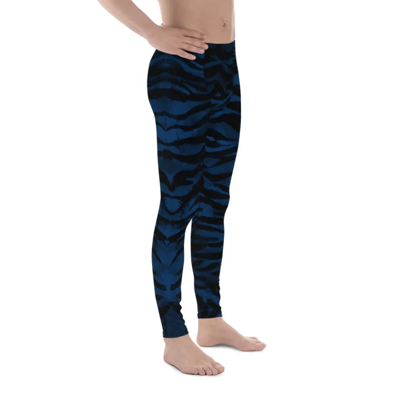 Navy Blue Tiger Men's Leggings, Striped Animal Print Men Gym Run Tights-Made in USA/EU